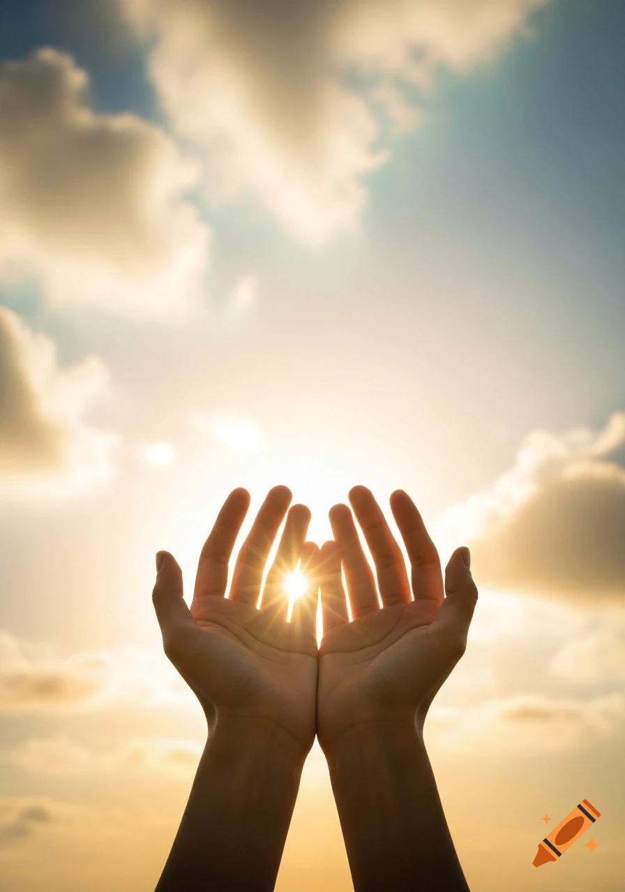 Cupped hands silhouetted against a bright, cloudy sky with sun rays shining through them at sunrise or sunset.