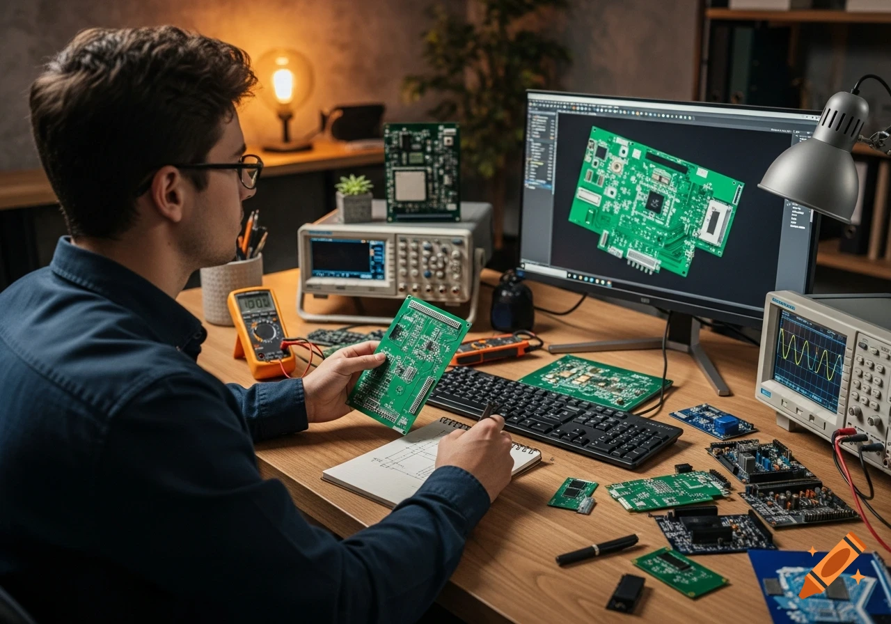 A young hardware engineer designs a PCB at a tidy desk, holding a green circuit board while sketching and looking at a monitor displaying a 3D PCB design.