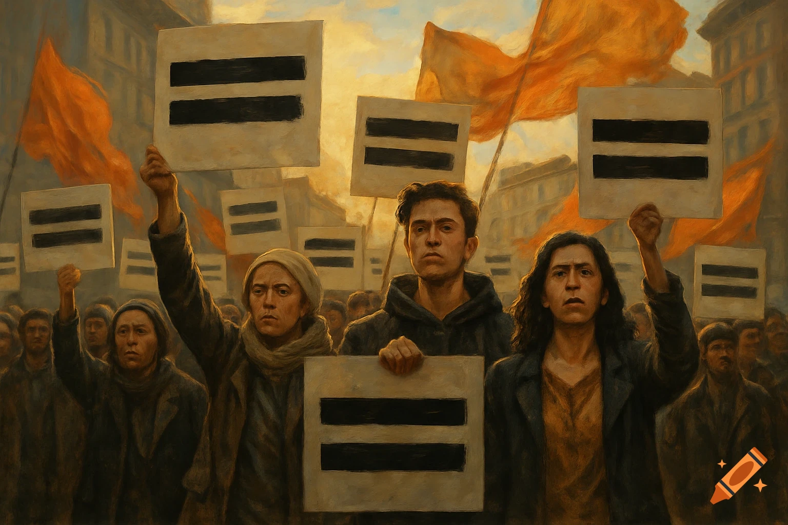 A group of serious-looking people in a painterly style protest, holding signs with an equals symbol and orange flags in the background.
