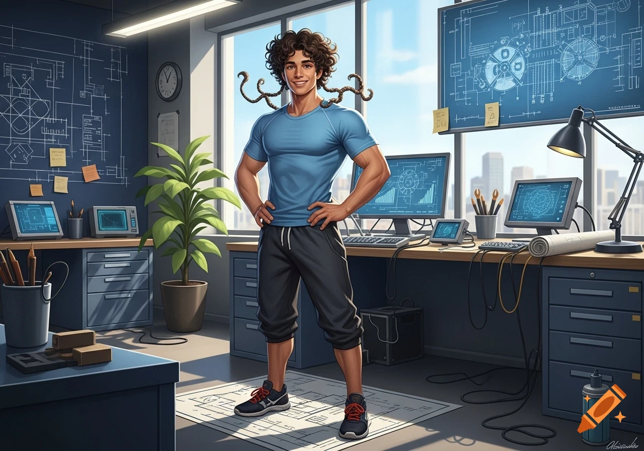 A muscular, curly-haired man in athletic wear smiles in a detailed engineer's office with blueprints and computers, digital art.