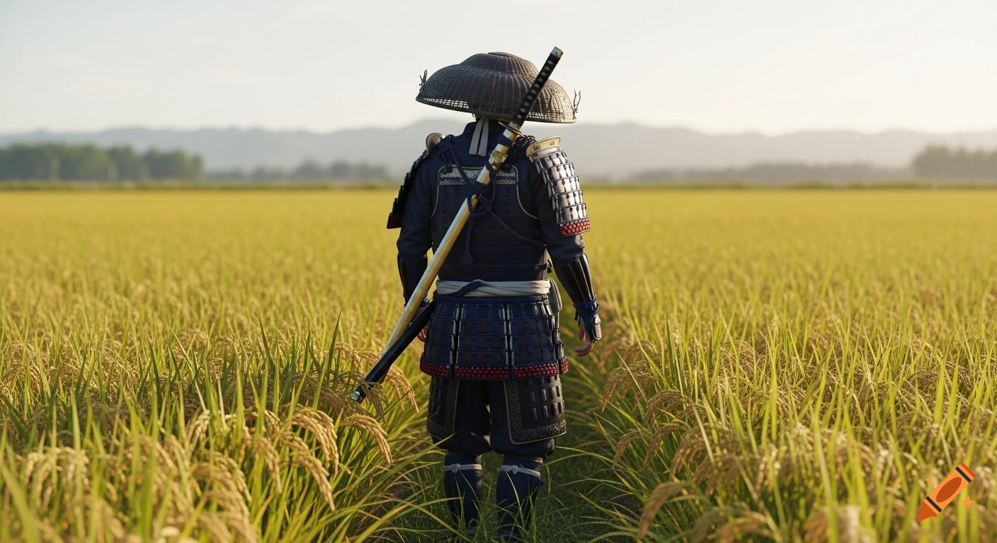 A samurai in traditional armor and a straw hat walks away into a golden rice field, with a shining gold sword on his back.