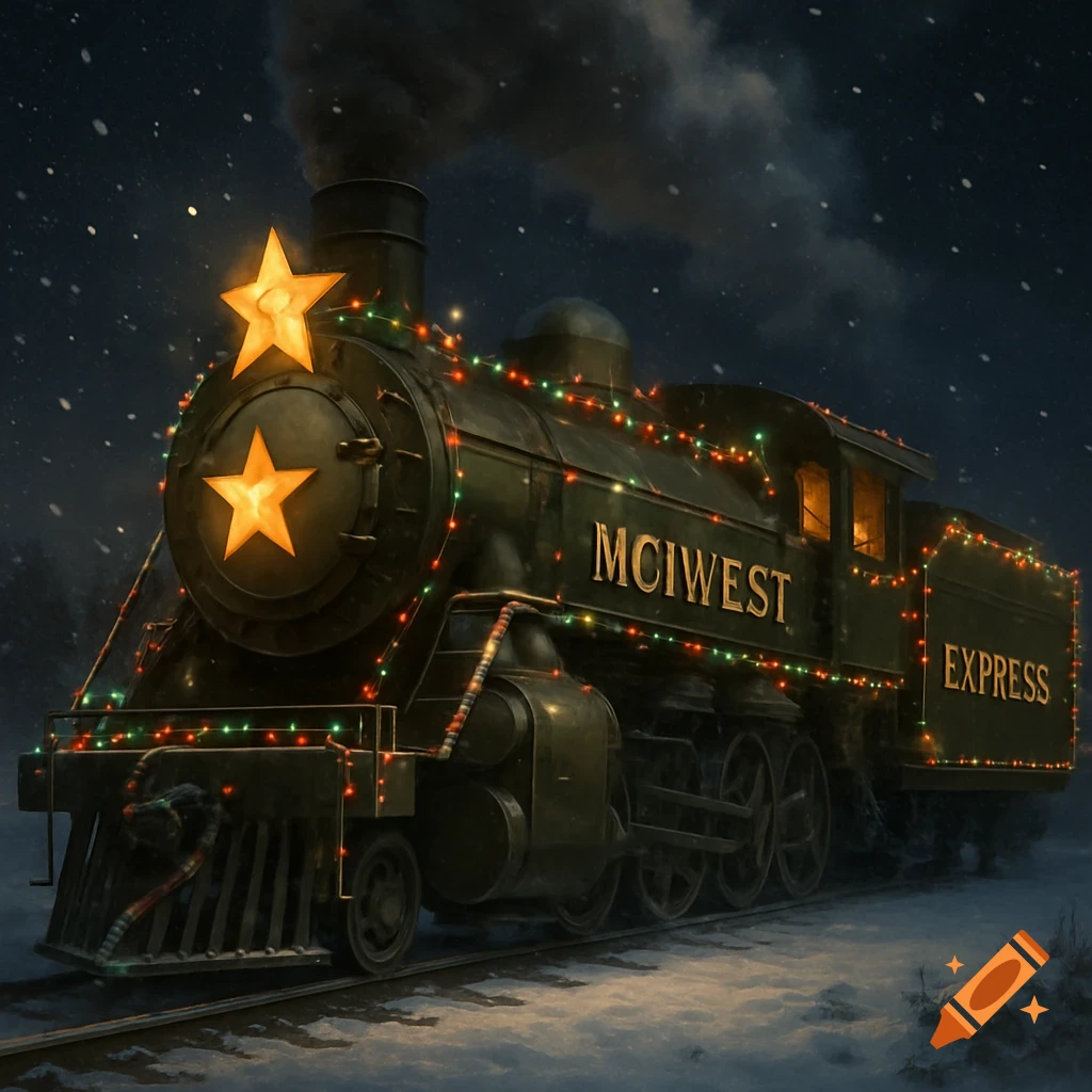 A festive steam train named 'MCIWEST Express' decorated with Christmas lights and golden stars, moving through a snowy night.