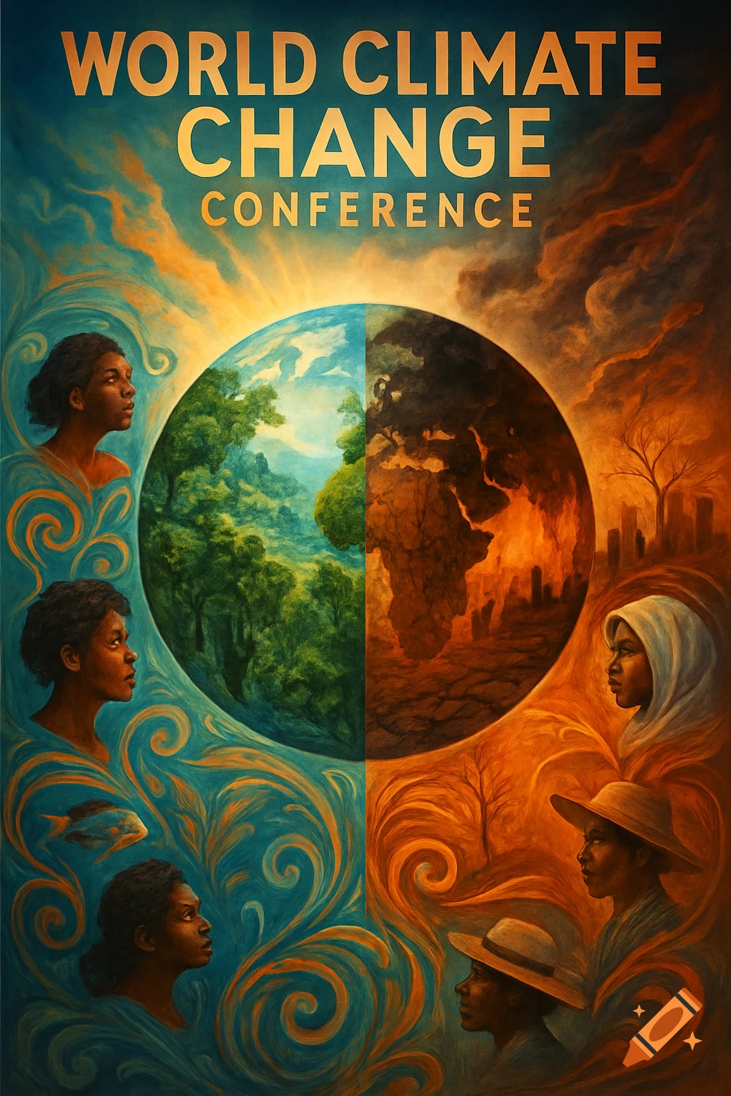 Painterly poster for a climate change conference, showing Earth split between vibrant green and barren halves, framed by diverse people.