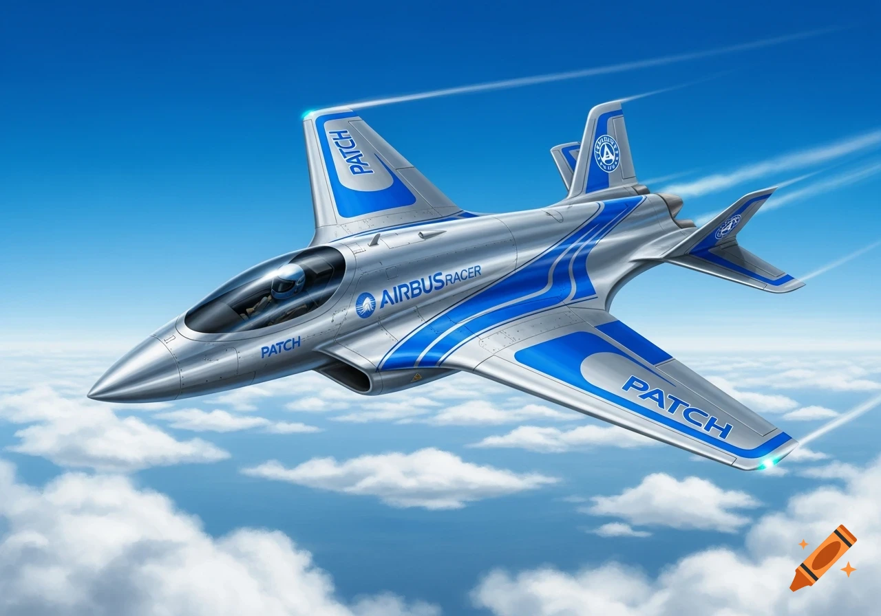 A sleek silver and blue futuristic jet plane with 'Patch Airbus Racer' branding flies above white clouds in a bright blue sky.