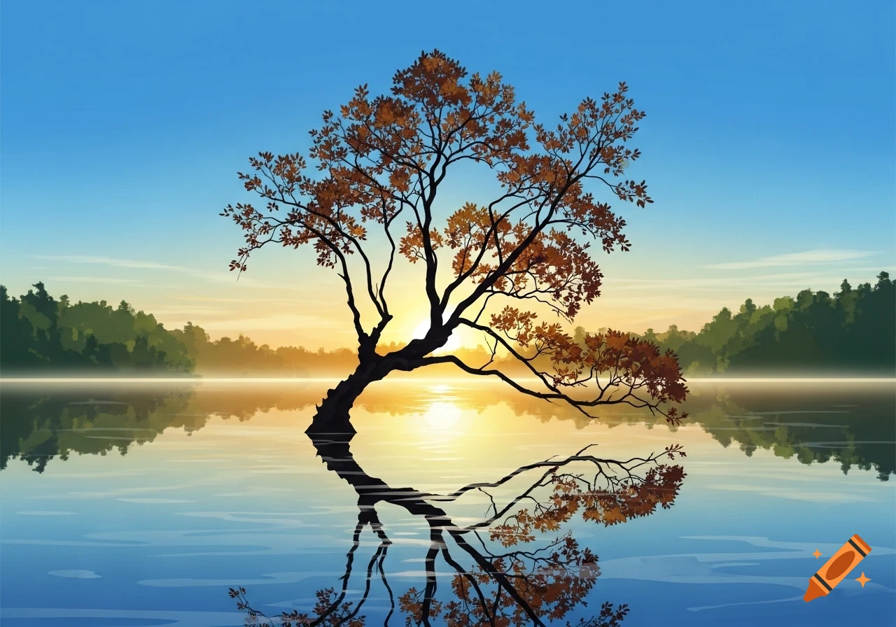 Stylized illustration of a tree reflected in a calm lake at sunrise or sunset, with a clear sky and distant forest.