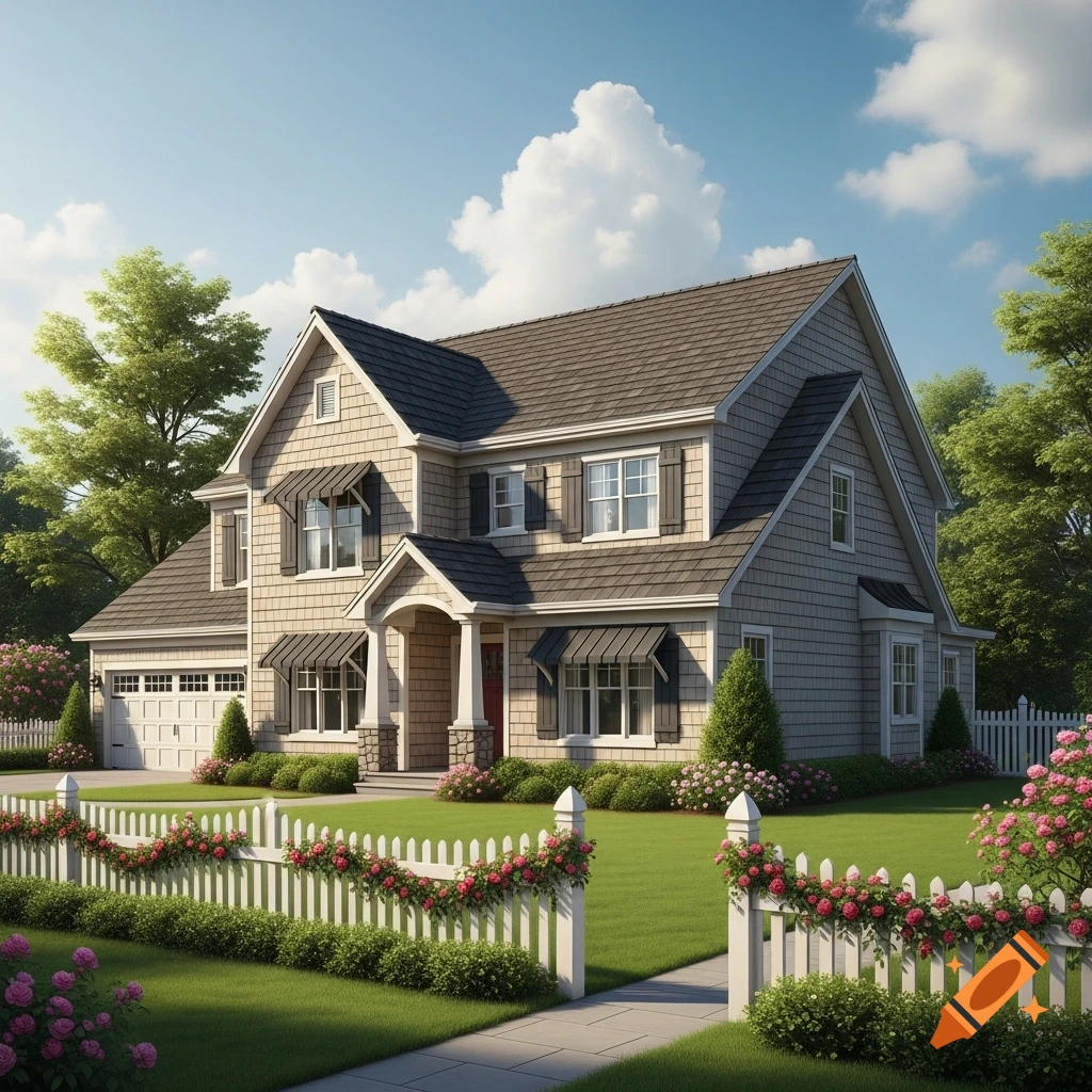 A two-story shingle-sided house with awning-covered windows and a red door, a green lawn, and a white picket fence with pink roses.