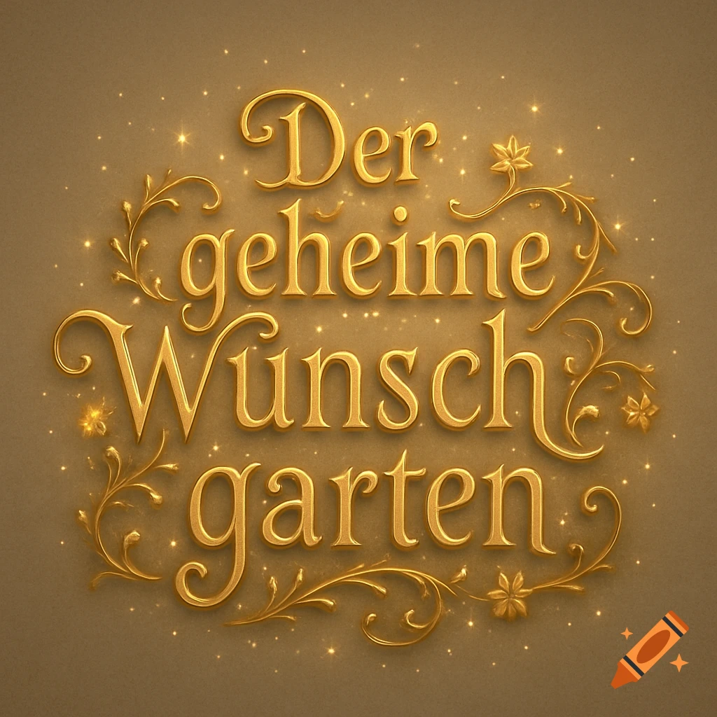 Elegant golden 3D text 'Der geheime Wunschgarten' with glowing edges, surrounded by delicate glitter and floral scrollwork on a neutral background.