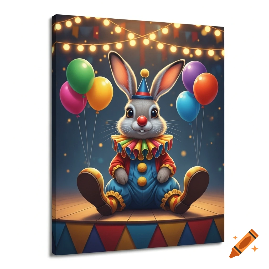 Cute cartoon bunny clown sitting on a circus stage with colorful balloons and string lights.