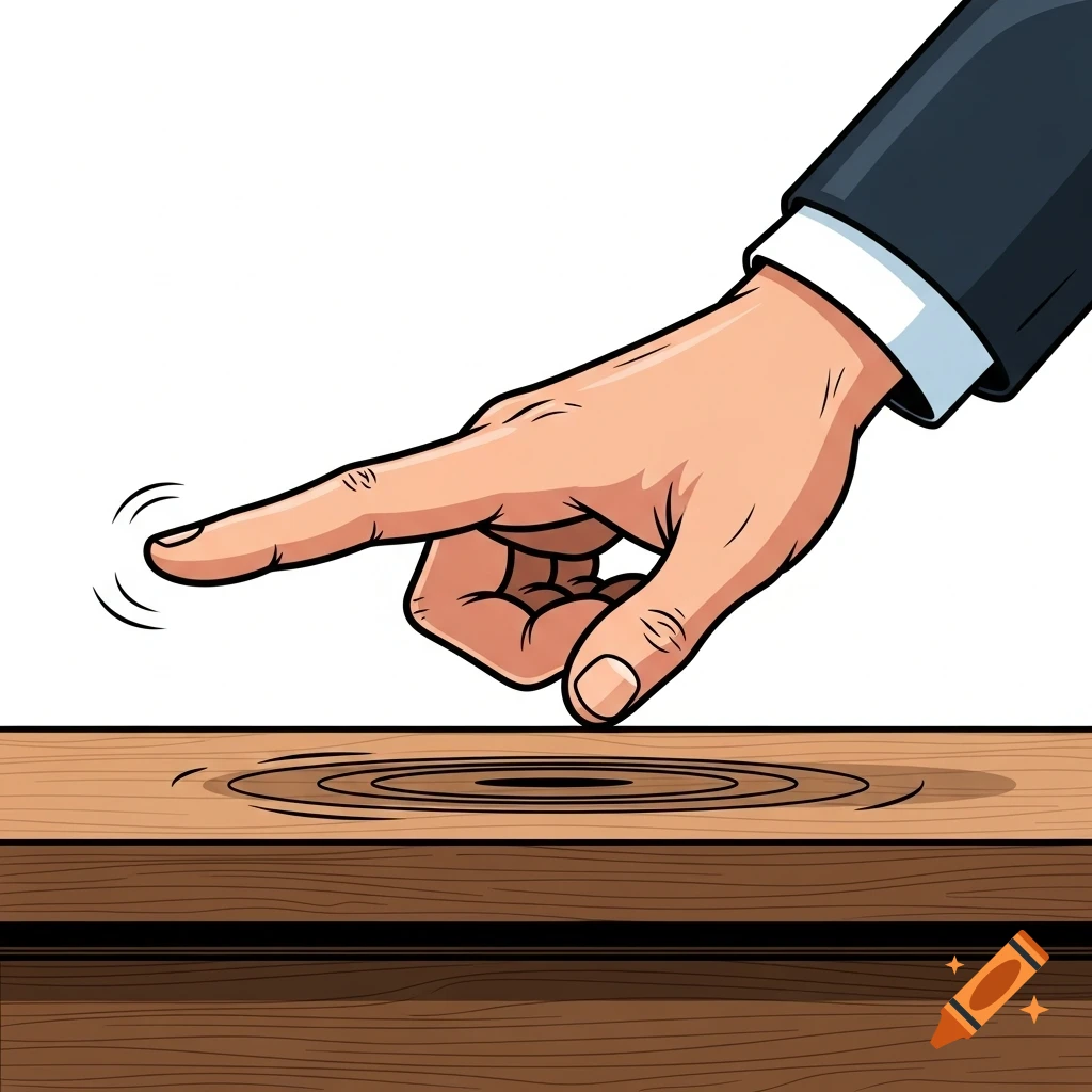 A cartoon hand in a suit jacket taps its index finger on a wooden table, creating ripple effects.
