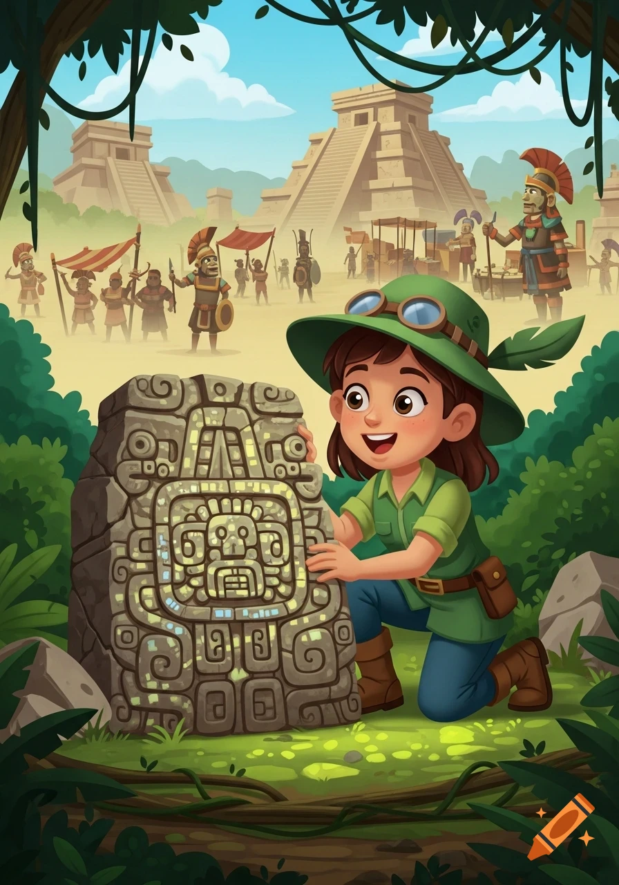 Cartoon archaeologist girl examines an ancient glowing Mayan stone in a jungle, with pyramids and historical figures in the background.
