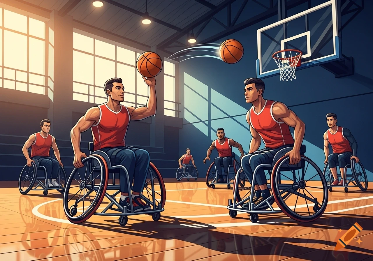Cartoon illustration of men in wheelchairs playing basketball on an indoor court, with one man preparing to shoot.