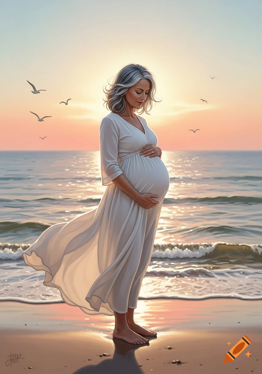 A mature pregnant woman with grey hair in a white dress stands on a beach at sunset, holding her belly, with seagulls flying.