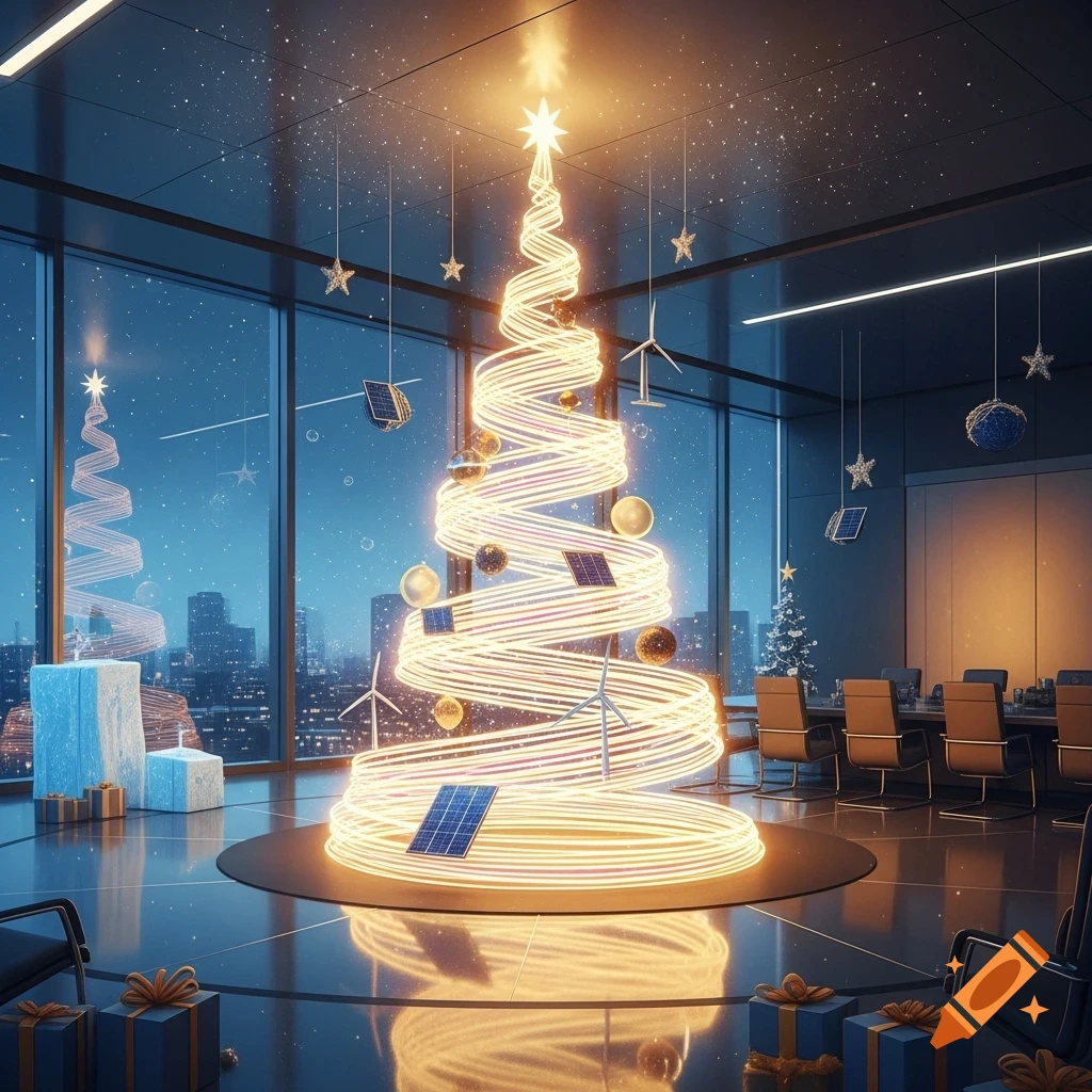 A glowing spiral Christmas tree decorated with solar panels and wind turbines in a modern office with city views and wrapped gifts.