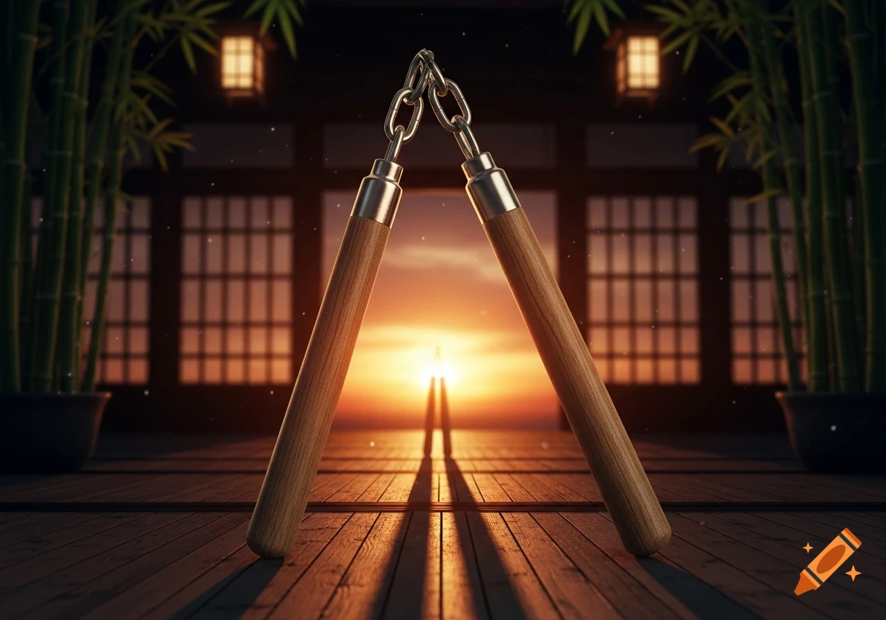 A pair of wooden nunchaku connected by a chain, standing upright on a wooden floor, silhouetted against a vibrant sunset in a Japanese-style room with bamboo.