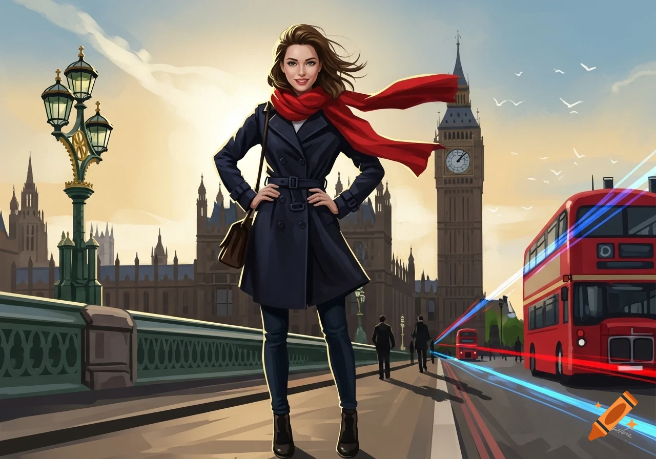A stylish woman in a dark coat and red scarf stands on a bridge with Big Ben and a red double-decker bus in the background in a vibrant illustration.