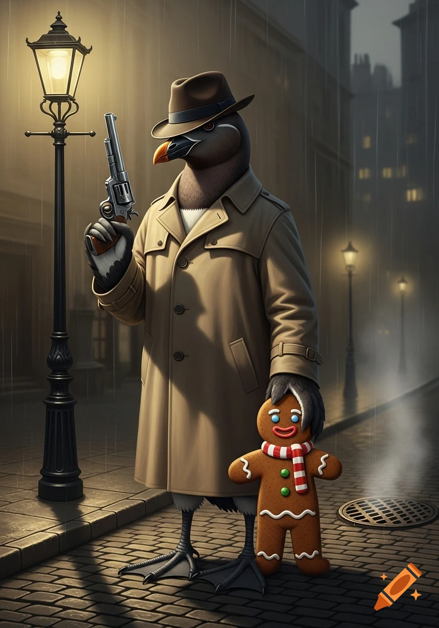 A great auk detective in a trench coat and fedora holds a pistol and a gingerbread man on a rainy city street at night.