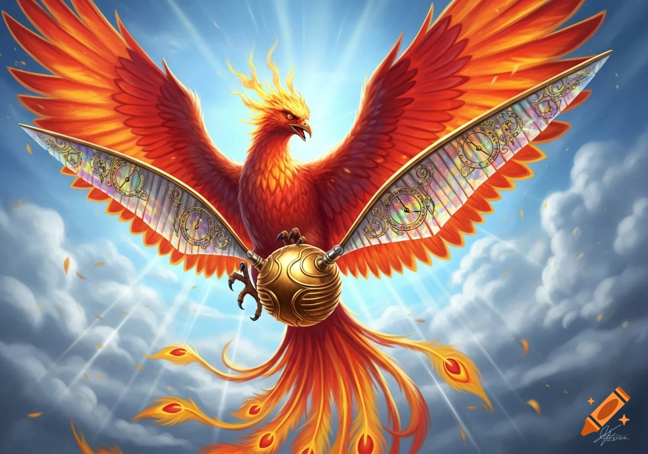 A vibrant red and orange phoenix, its body a golden snitch with clock-patterned wings, soars through a sunlit blue sky.