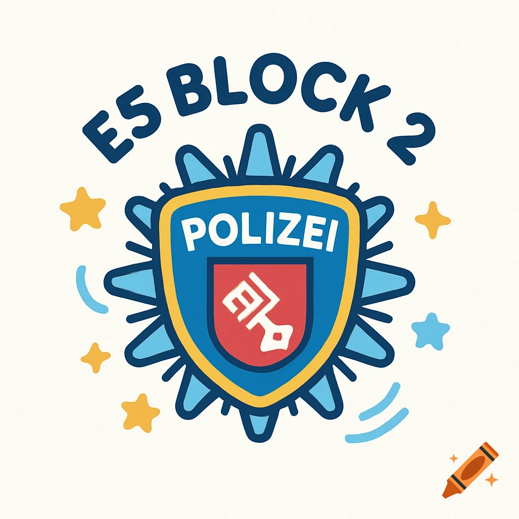 A playful, cartoon-style logo featuring a blue and yellow police shield with 'POLIZEI' written on it, and 'E5 BLOCK 2' arced above. Yellow and blue stars and swooshes surround the badge on a light background.