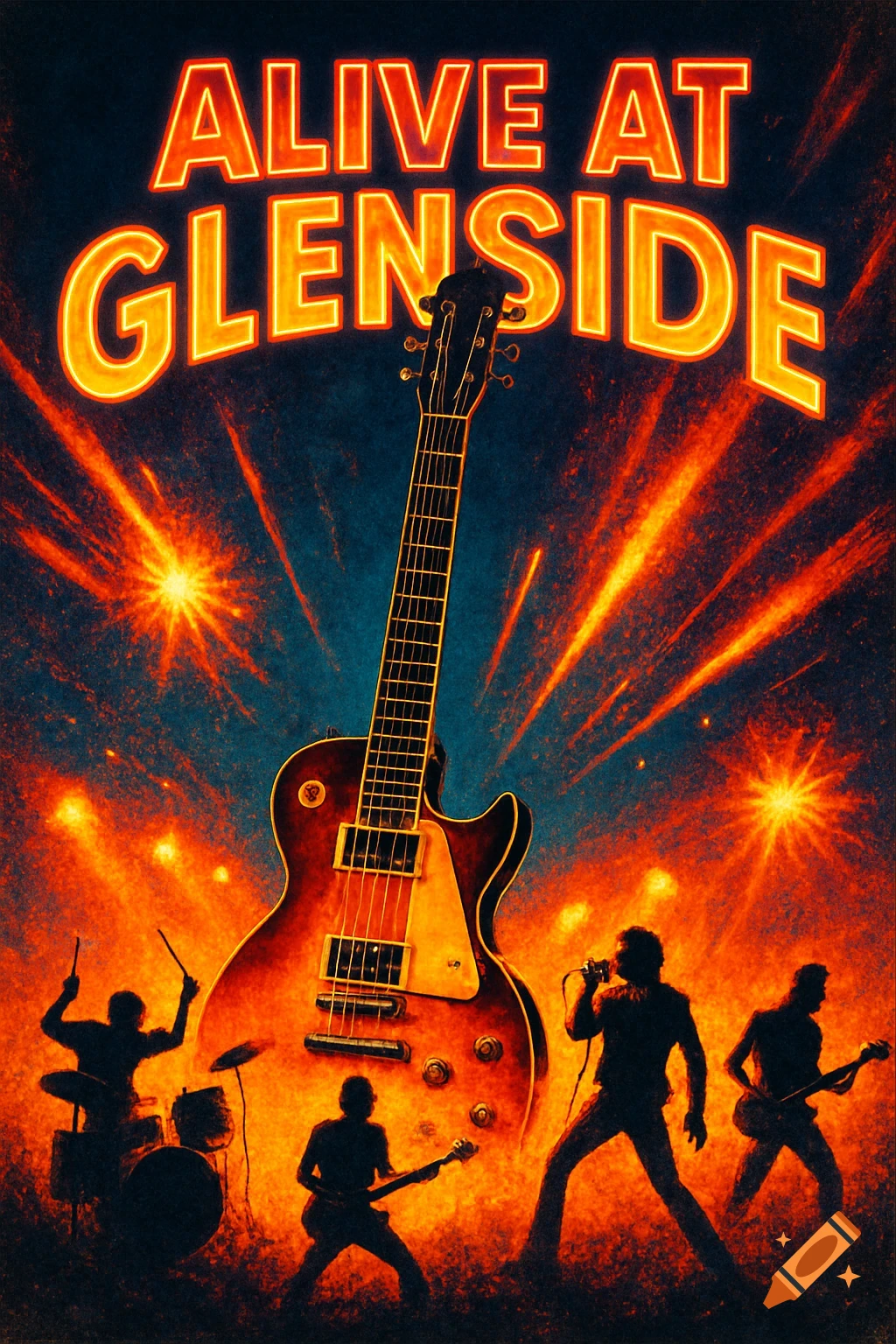 Glowing orange text 'ALIVE AT GLENSIDE' above an electric guitar with silhouetted rock band members amidst fiery orange light.