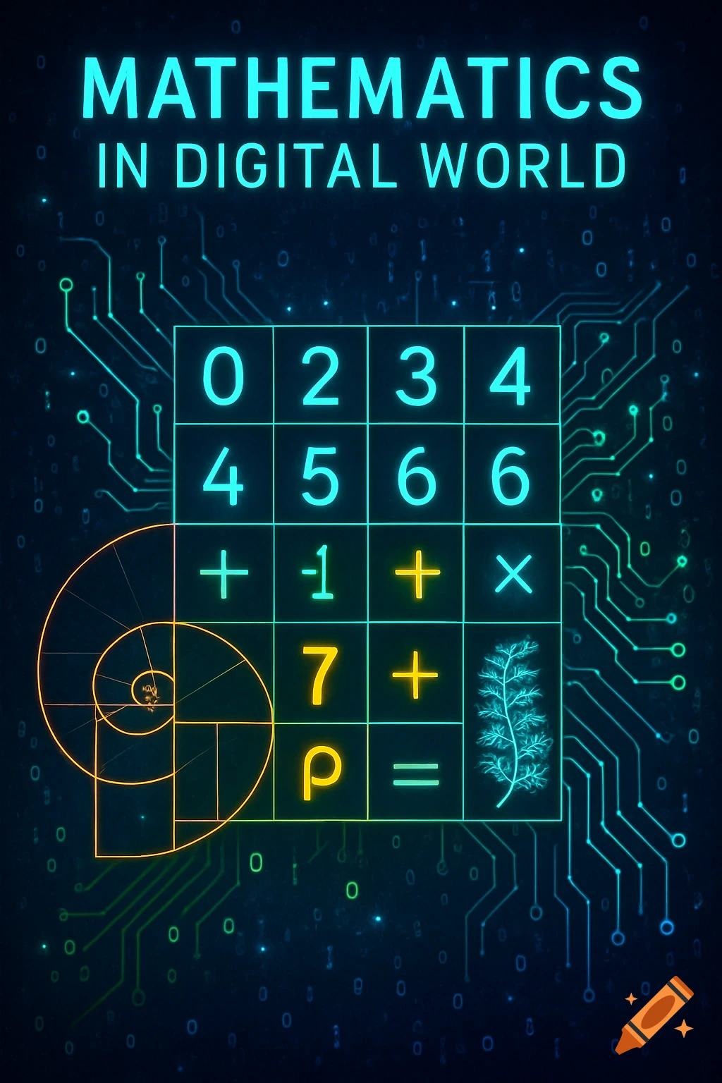 A dark blue poster with a digital aesthetic, featuring the text 'MATHEMATICS IN DIGITAL WORLD'. Below it is a grid with numbers and mathematical symbols, a golden Fibonacci spiral, and circuitry lines.
