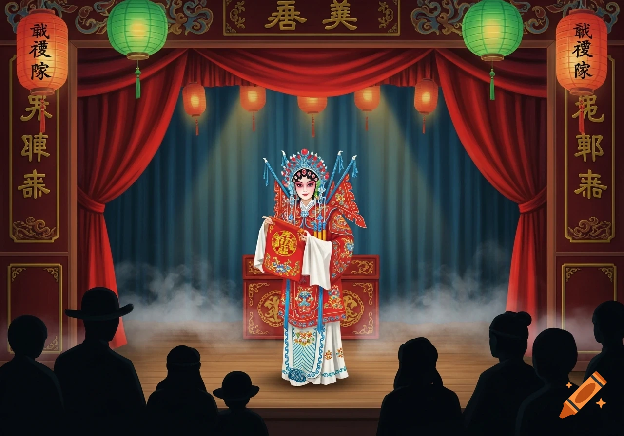 An illustration of a Chinese opera performer in elaborate costume on a stage with red curtains and lanterns, holding a red cloth, viewed by a silhouetted audience.