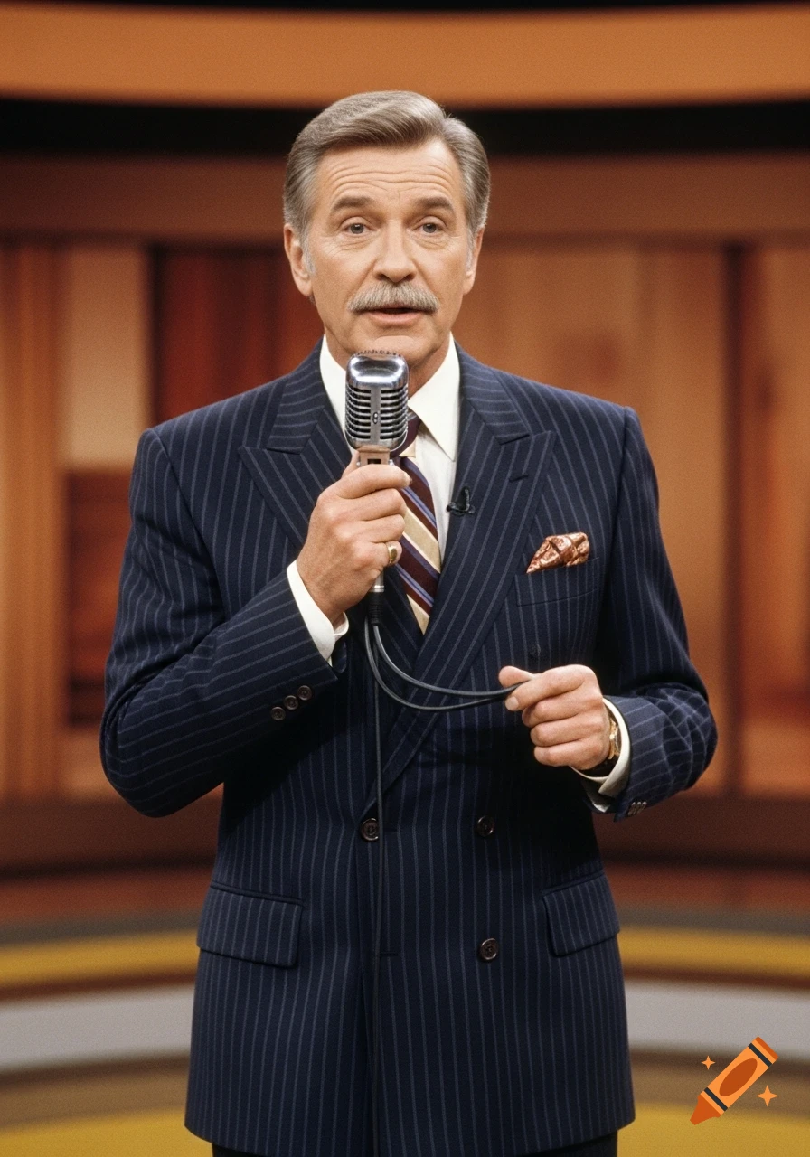 Photorealistic portrait of an older game show host in a pinstripe suit, holding a microphone in a studio.