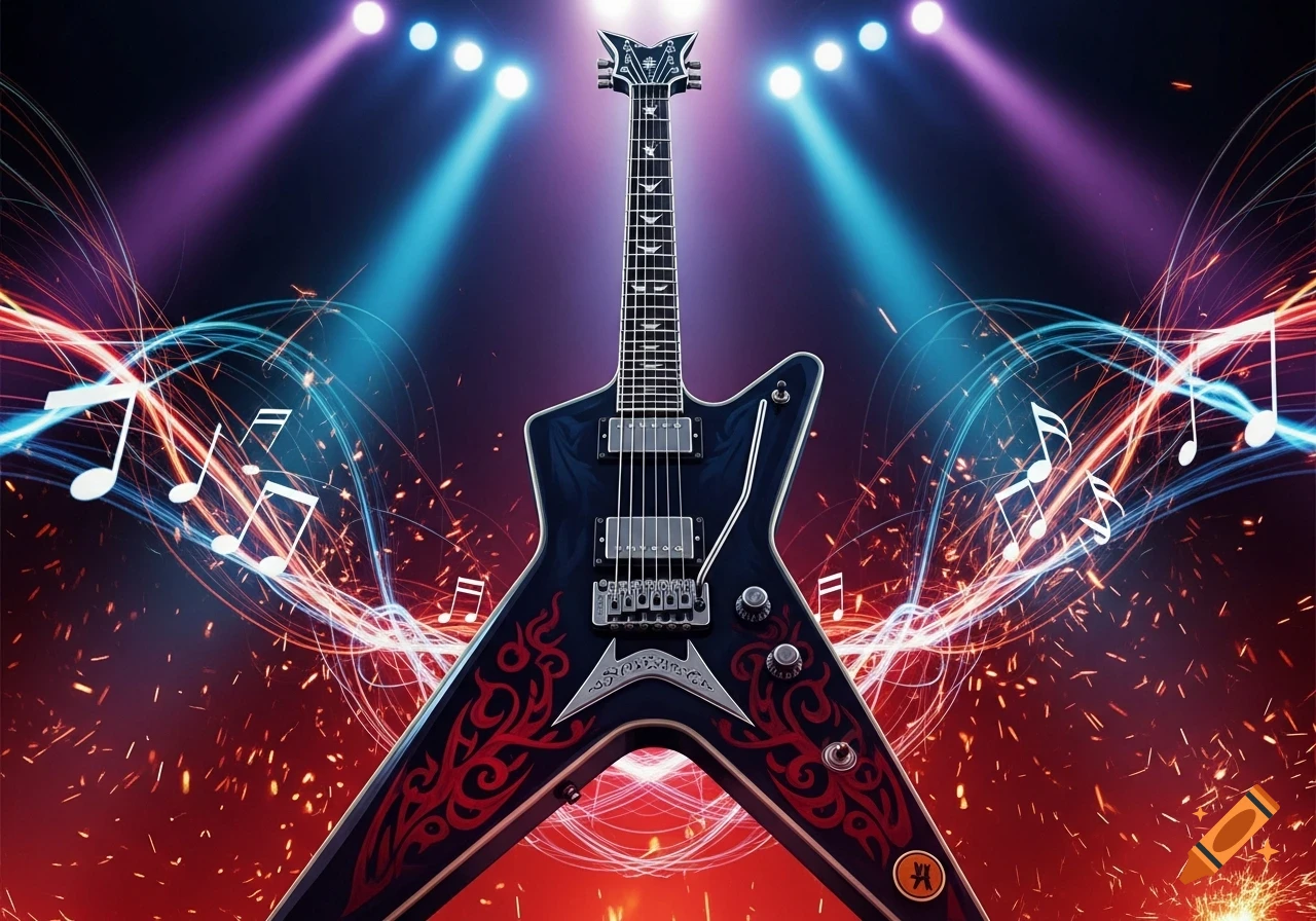 A black electric guitar with red tribal patterns on a dark stage, illuminated by purple and blue spotlights, surrounded by glowing light trails, musical notes, and sparks.