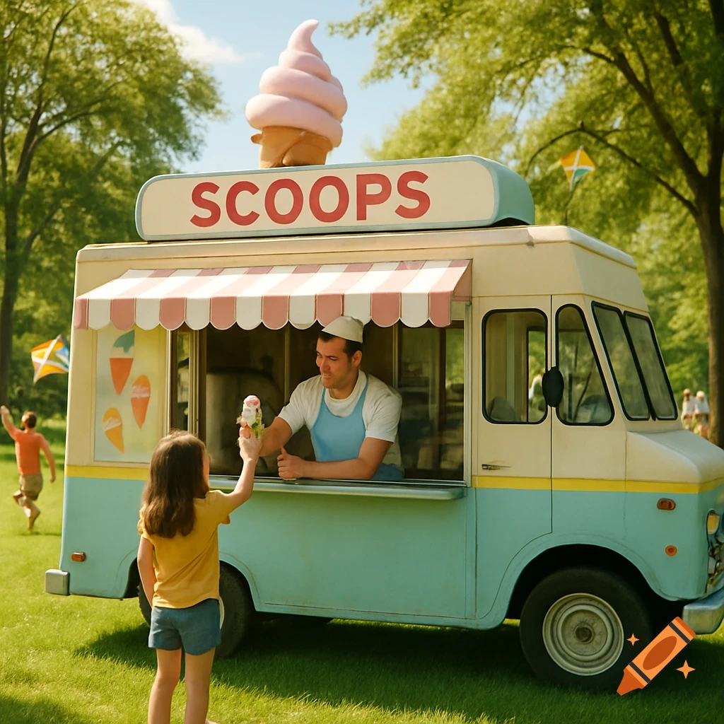 A young man in an ice cream truck marked "SCOOPS" gives a cone to a child in a sunny park.