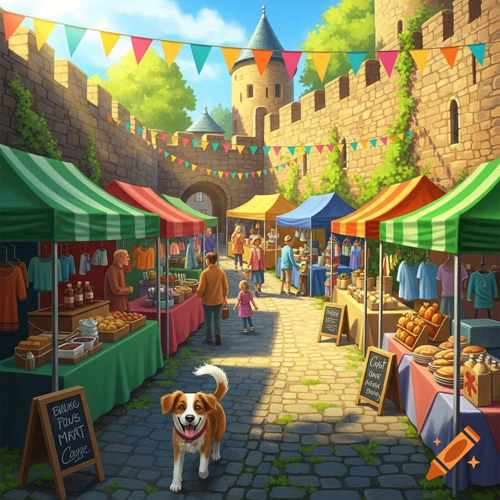 A happy dog walks through a sunny outdoor market with colorful stalls, people, and a castle in the background, illustrated.