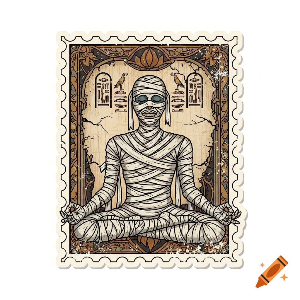 A vintage-style stamp features a mummy in a lotus yoga pose, flanked by decorative Egyptian-style hieroglyphs.
