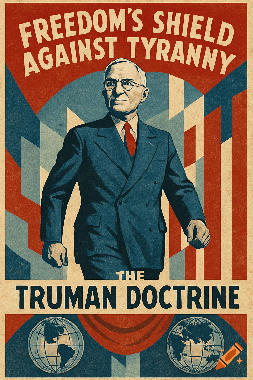 Vintage propaganda poster of Harry S. Truman in a suit, with text 'Freedom's Shield Against Tyranny The Truman Doctrine' and two globes.
