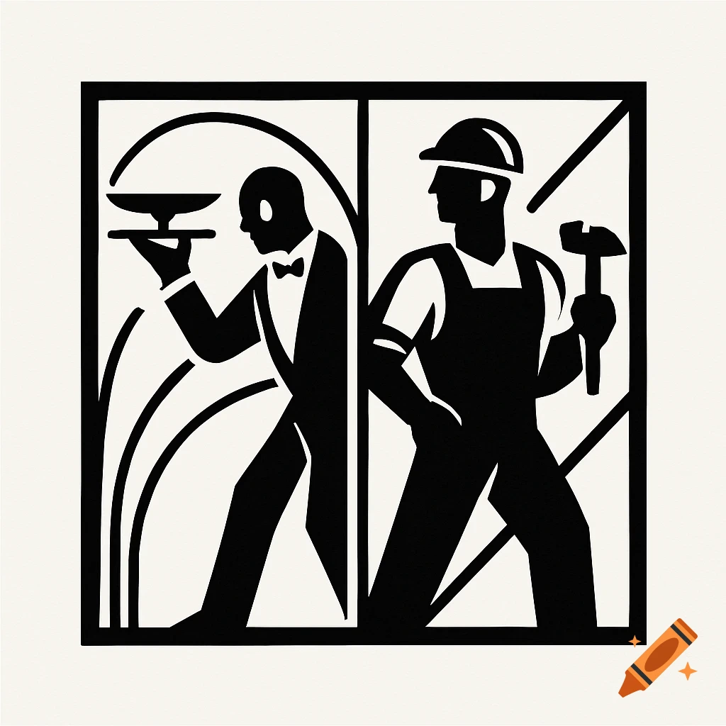 Black and white graphic illustration of a waiter holding a tray and a worker with a hard hat and hammer.
