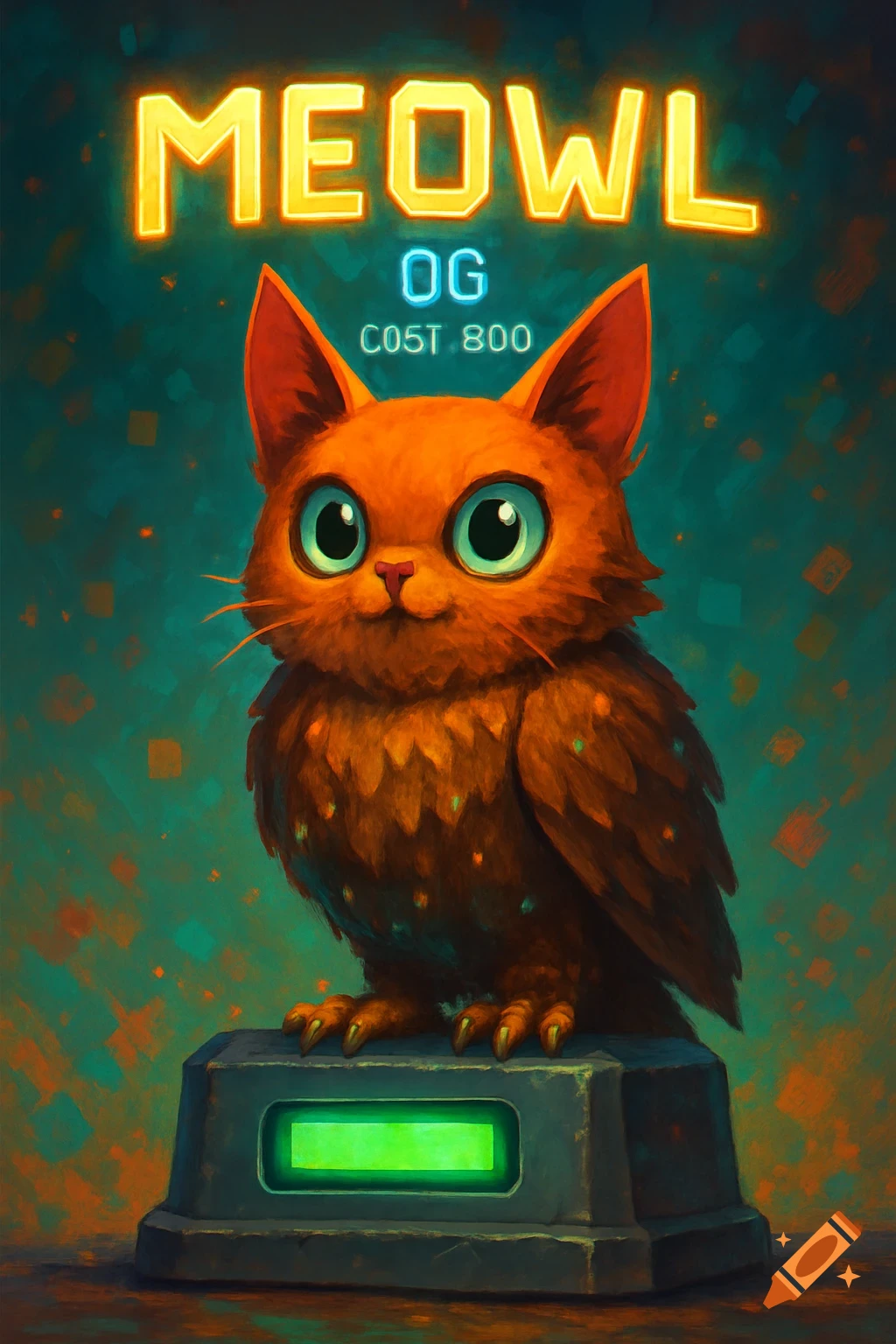 A brown, fluffy cat-owl hybrid with large blue eyes sits on a gray base with a green light. Neon text "MEOWL", "OG", "CO5T 800" is above.