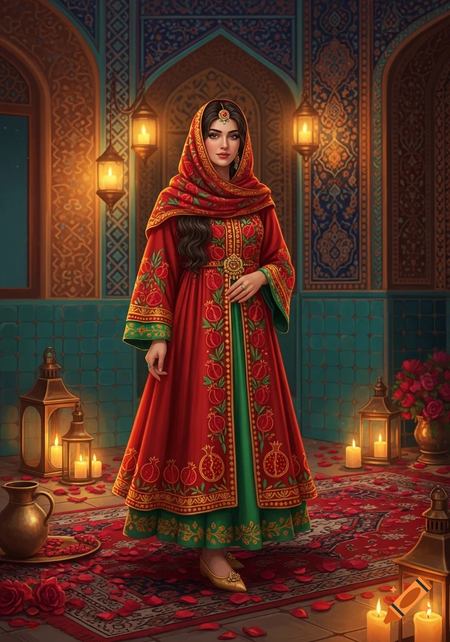 A woman in a vibrant red and green traditional dress, adorned with pomegranate patterns, stands in an ornate, candle-lit room.