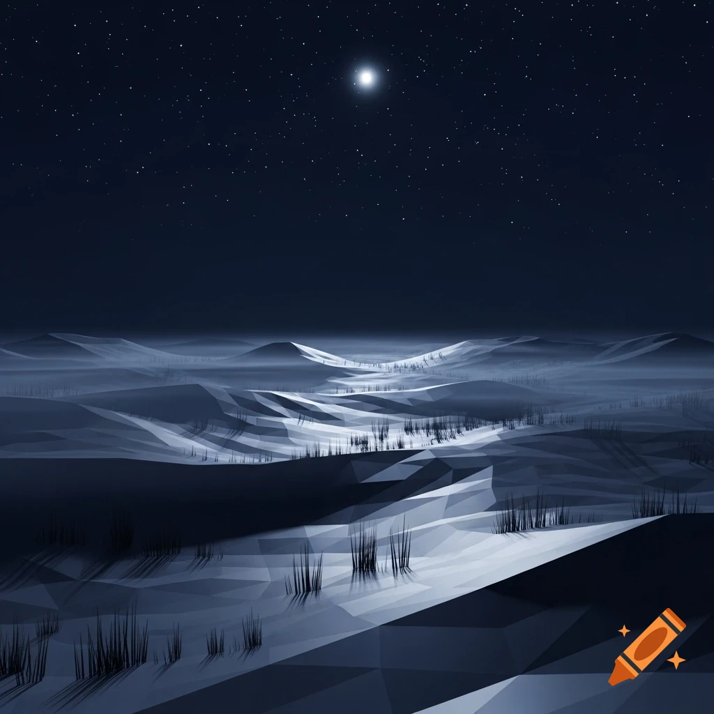Low-poly 3D render of a minimalist desert night landscape under a starry sky with a bright moon, soft moonlight illuminating geometric terrain and sparse plants.