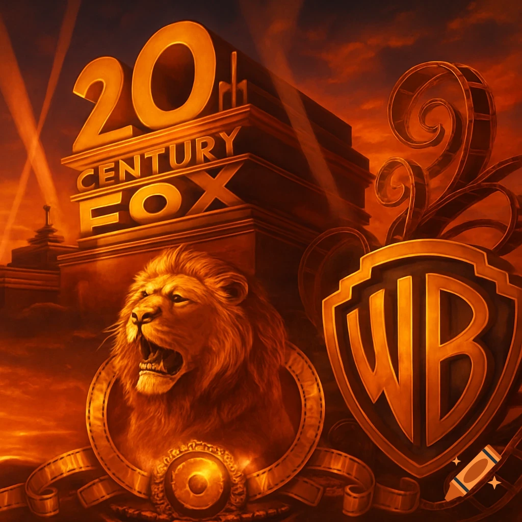 A dynamic, orange-toned illustration combining the 20th Century Fox logo, a roaring MGM lion, and the Warner Bros shield.