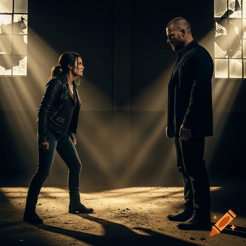 A woman in a leather jacket and a man in a suit stand facing each other in a dimly lit, dusty room with broken windows, lit by dramatic light beams.