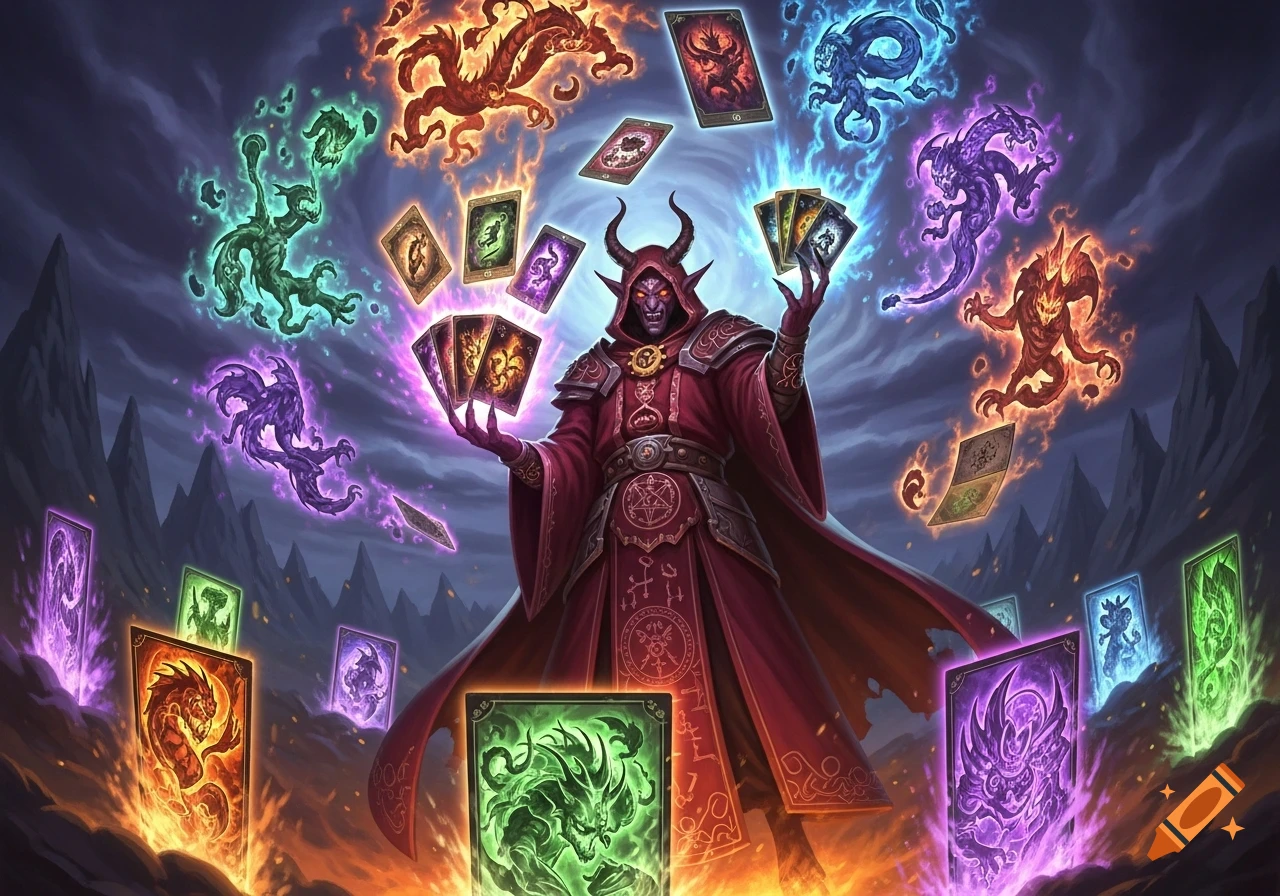 A horned demon in a red robe summons glowing, colorful elemental monsters with magic cards in a dark, mountainous fantasy landscape.