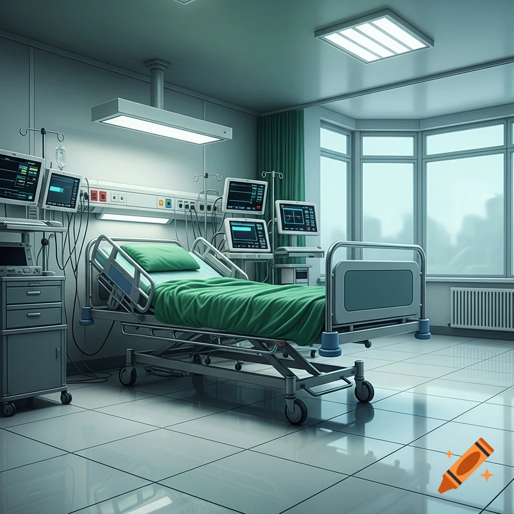 A modern hospital room with a green-sheeted bed, medical monitors, and large windows looking out to a hazy city.