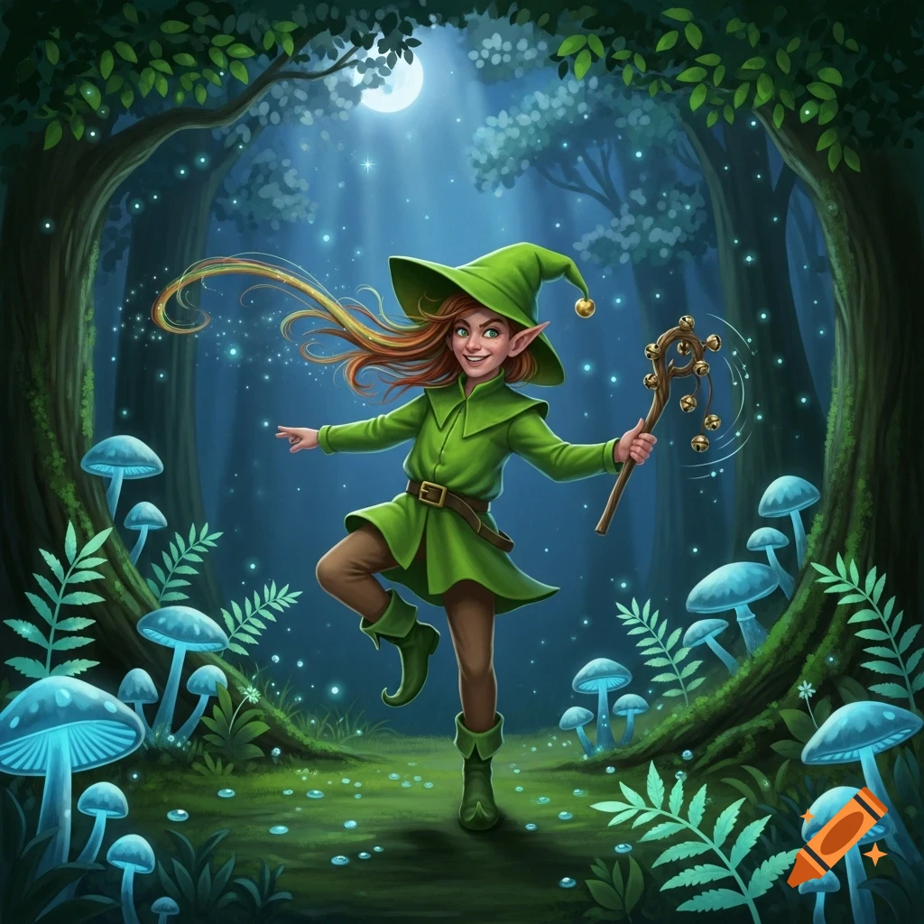 Mischievous elf in a green outfit and hat dancing in a magical forest with glowing blue mushrooms under a full moon.
