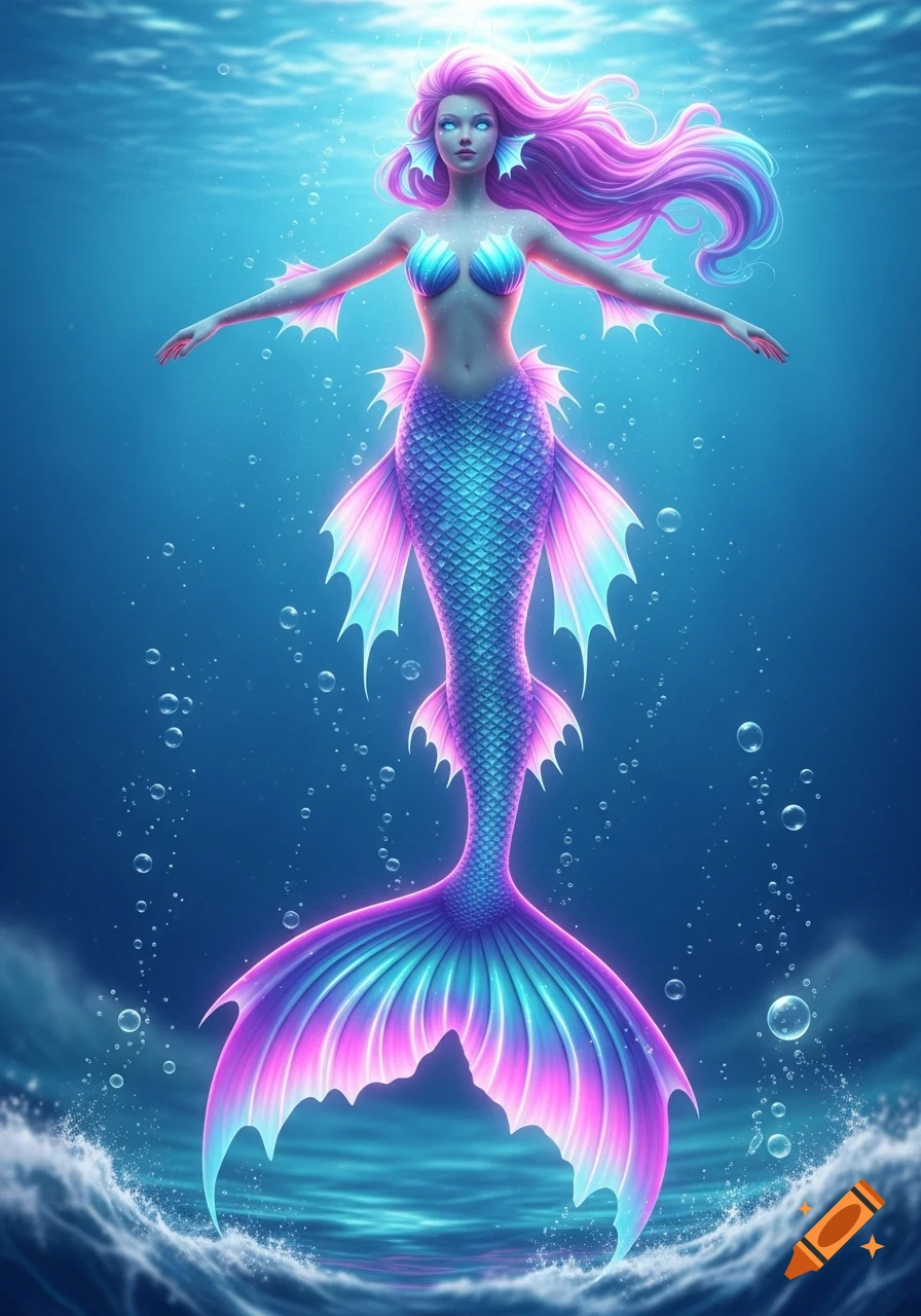 A vibrant 3D model of a mermaid with long, wavy pink and purple hair, glowing blue eyes, and a blue and pink glowing tail, arms outstretched in an underwater scene with bubbles and waves.