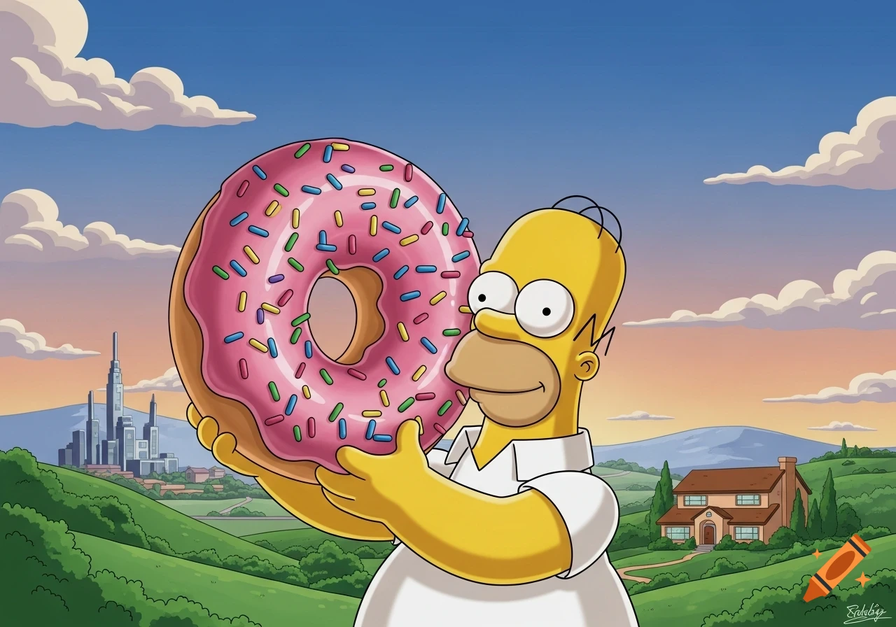 Homer Simpson holding a giant pink donut with sprinkles against a cartoon landscape with a city and house in the background.