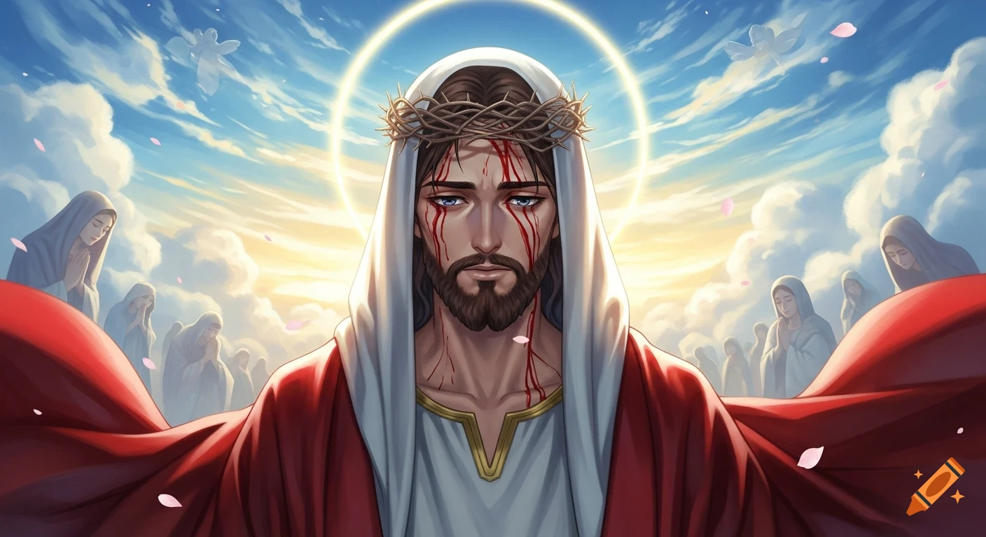 Anime-style Jesus Christ with a crown of thorns and blood, wearing a red cloak, against a bright sky with praying figures.