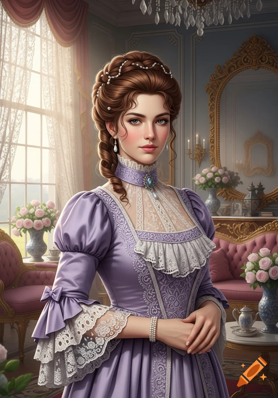 A photorealistic portrait of an elegant Victorian lady in a lavender dress with lace and pearls, standing in a lavish interior.