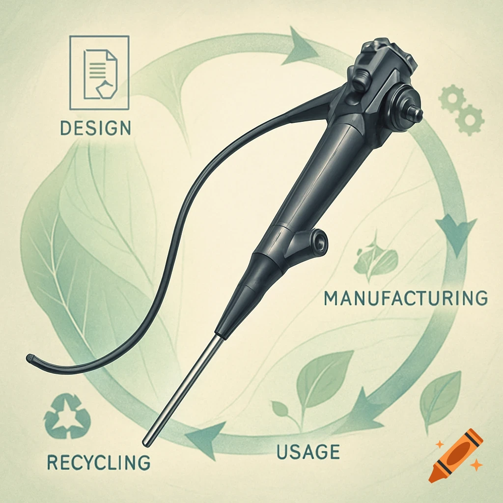 Illustration of an endoscope within a product lifecycle diagram, showing design, manufacturing, usage, and recycling stages.