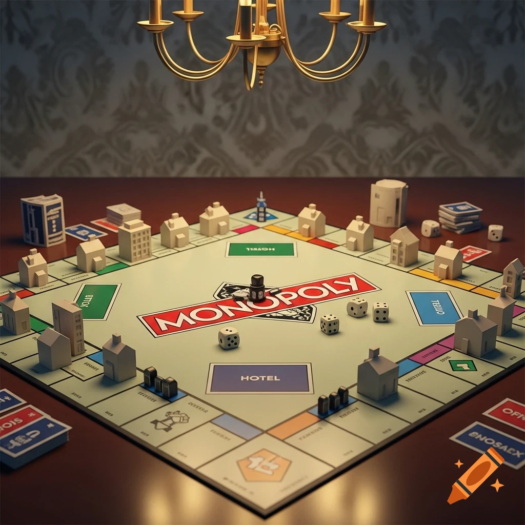 A close-up view of a Monopoly game board with houses, hotels, and game pieces under a golden chandelier.