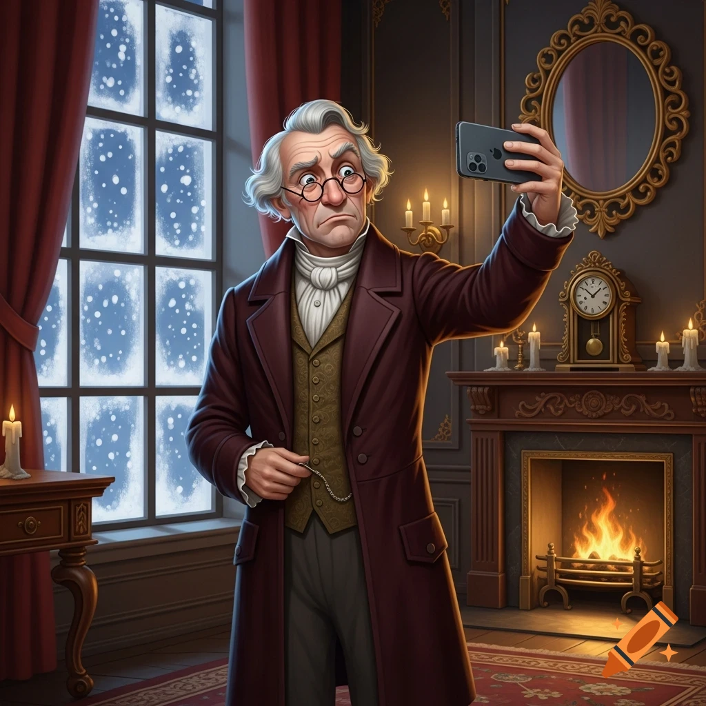 Scrooge, in Victorian attire, takes a selfie with a smartphone in a cozy, snowy room with a fireplace.