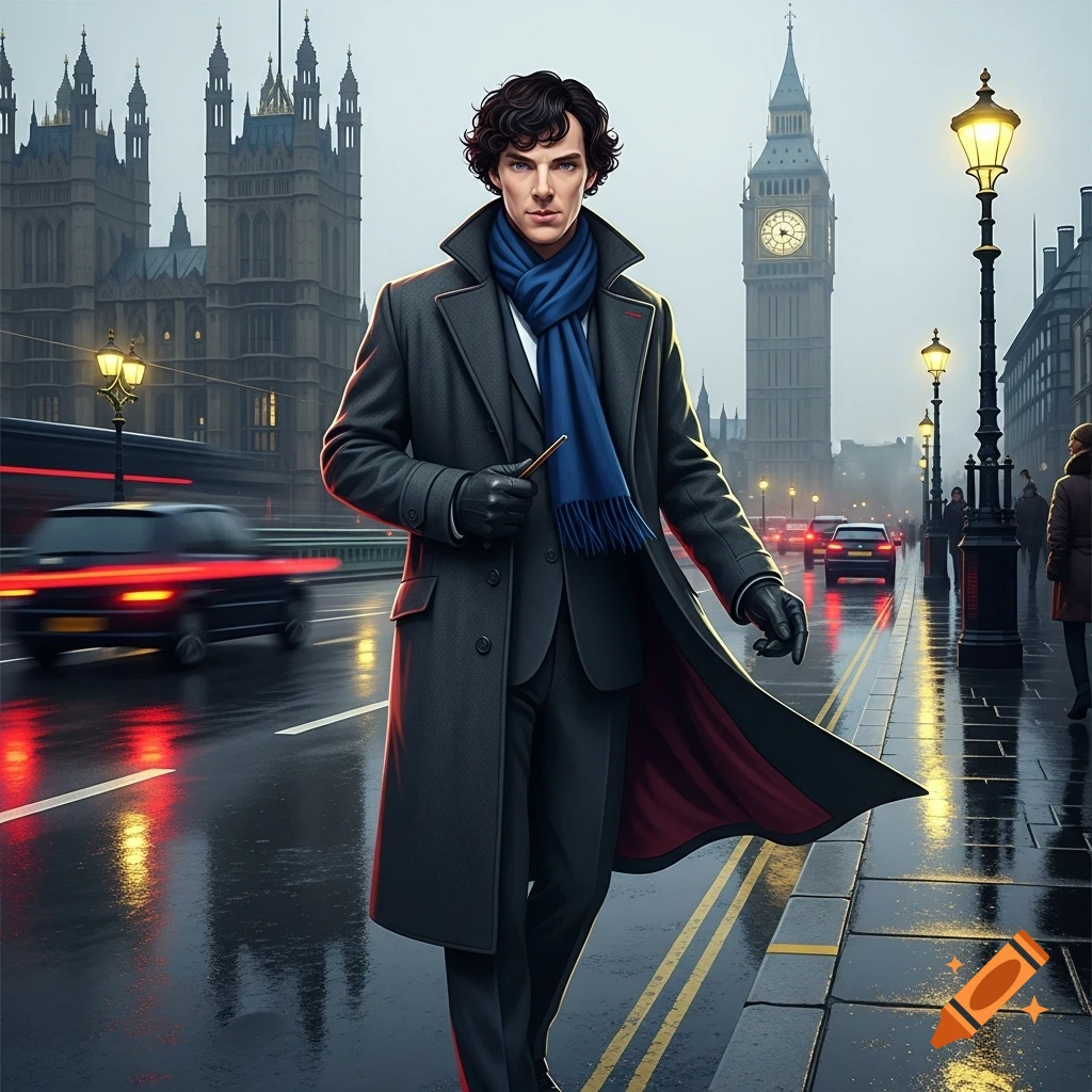 An illustrated Sherlock Holmes, in a black coat and blue scarf, walks on a rainy London street with Big Ben and the Houses of Parliament in the background.