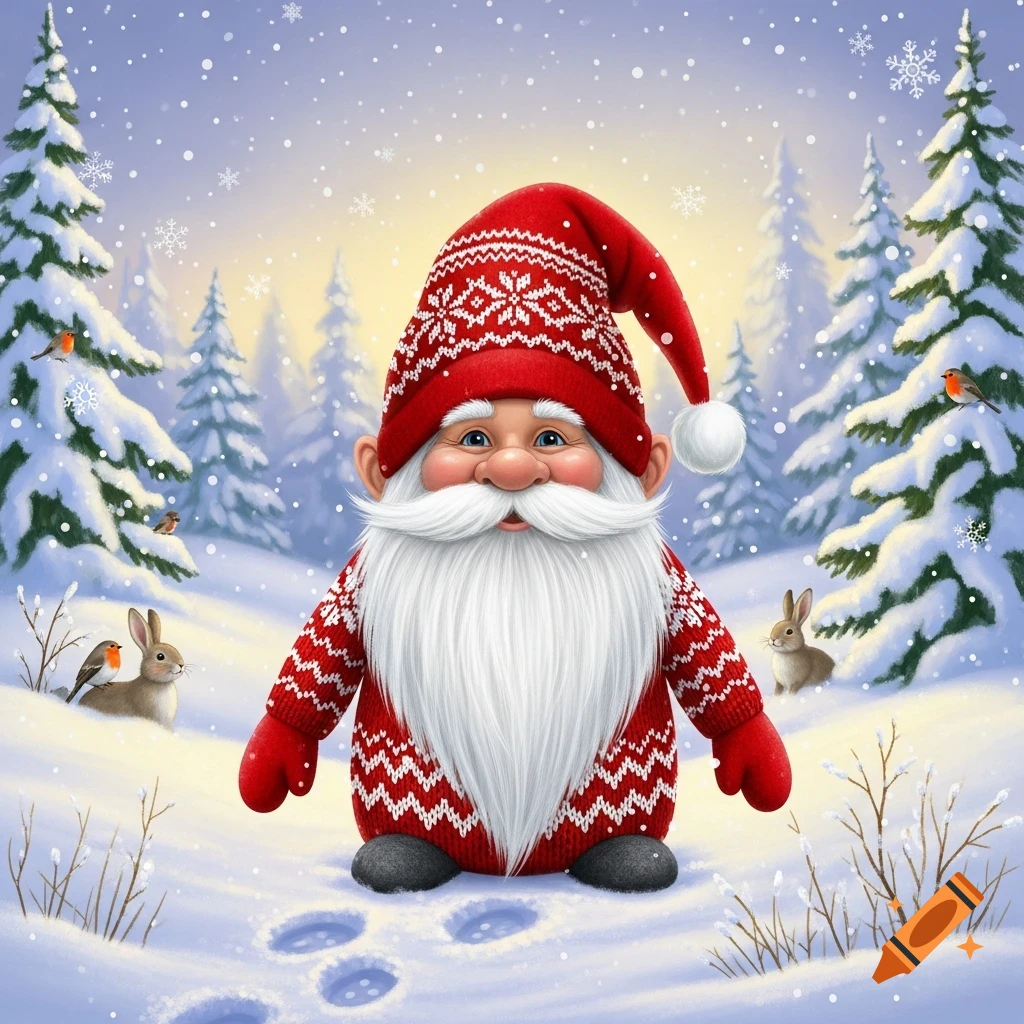 A cheerful Norwegian Christmas gnome in a red and white knitted sweater stands in a snowy forest with pine trees, bunnies, and birds.