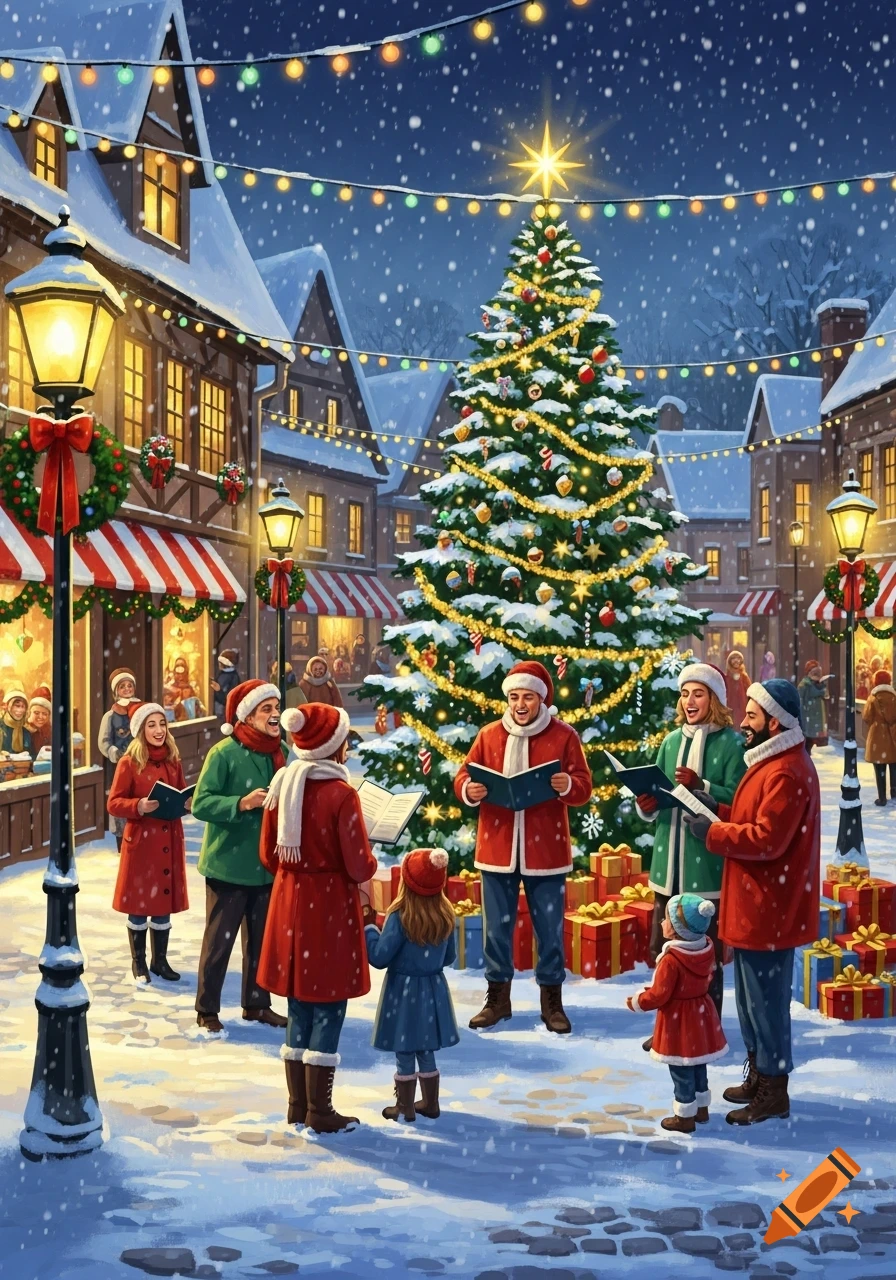Illustrated Christmas scene of carolers singing in a snowy village square with a decorated tree and festive lights.